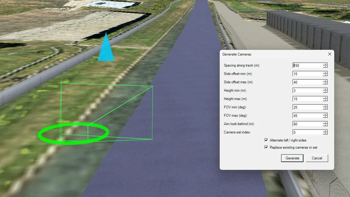 A trackside camera and its view frustum beside the track, with the Generate Cameras window open