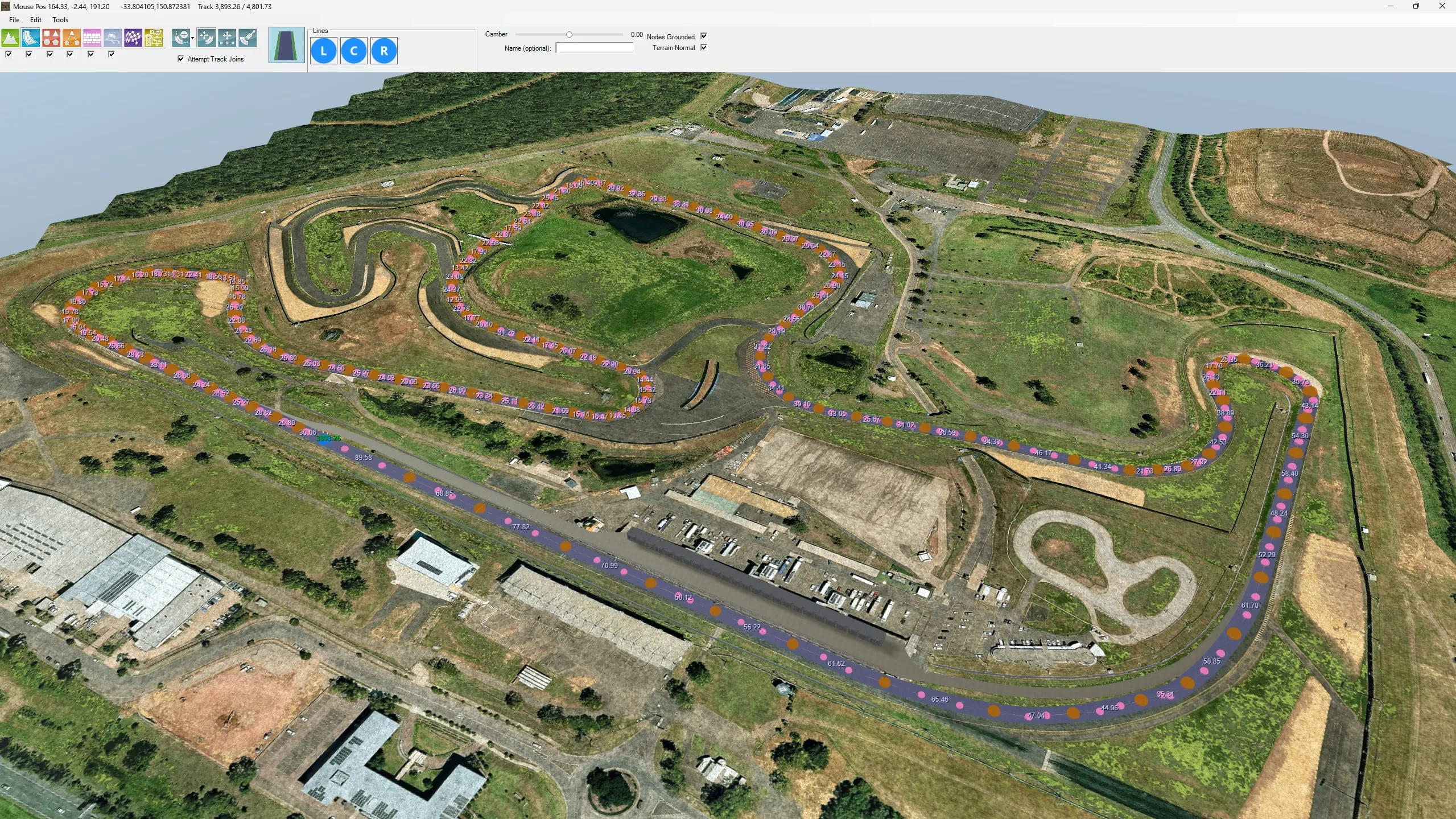 Eastern Creek circuit being laid out on real-world terrain in Race Track Builder