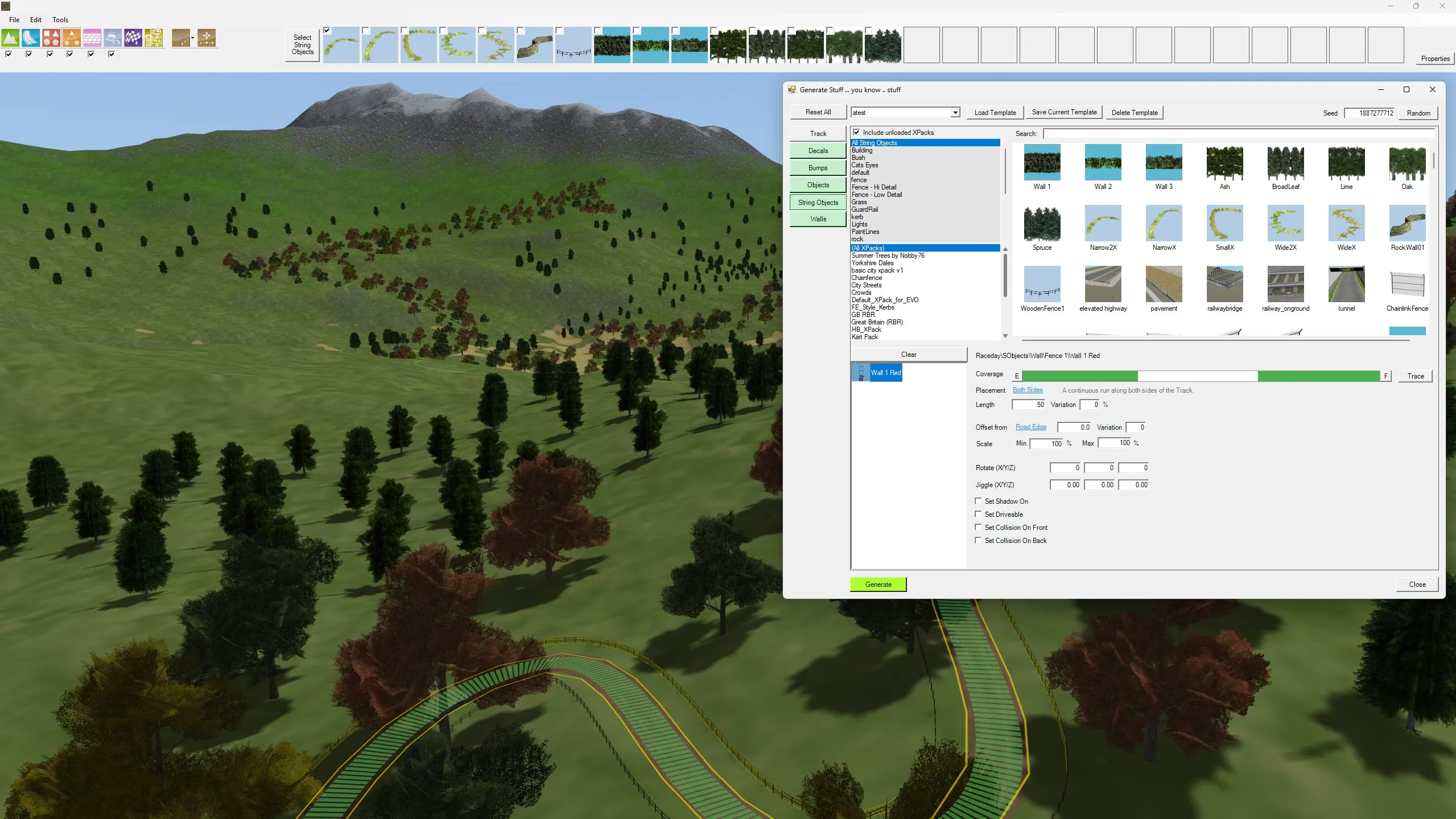 Trees and fencing generated along a track, with the Generate window open