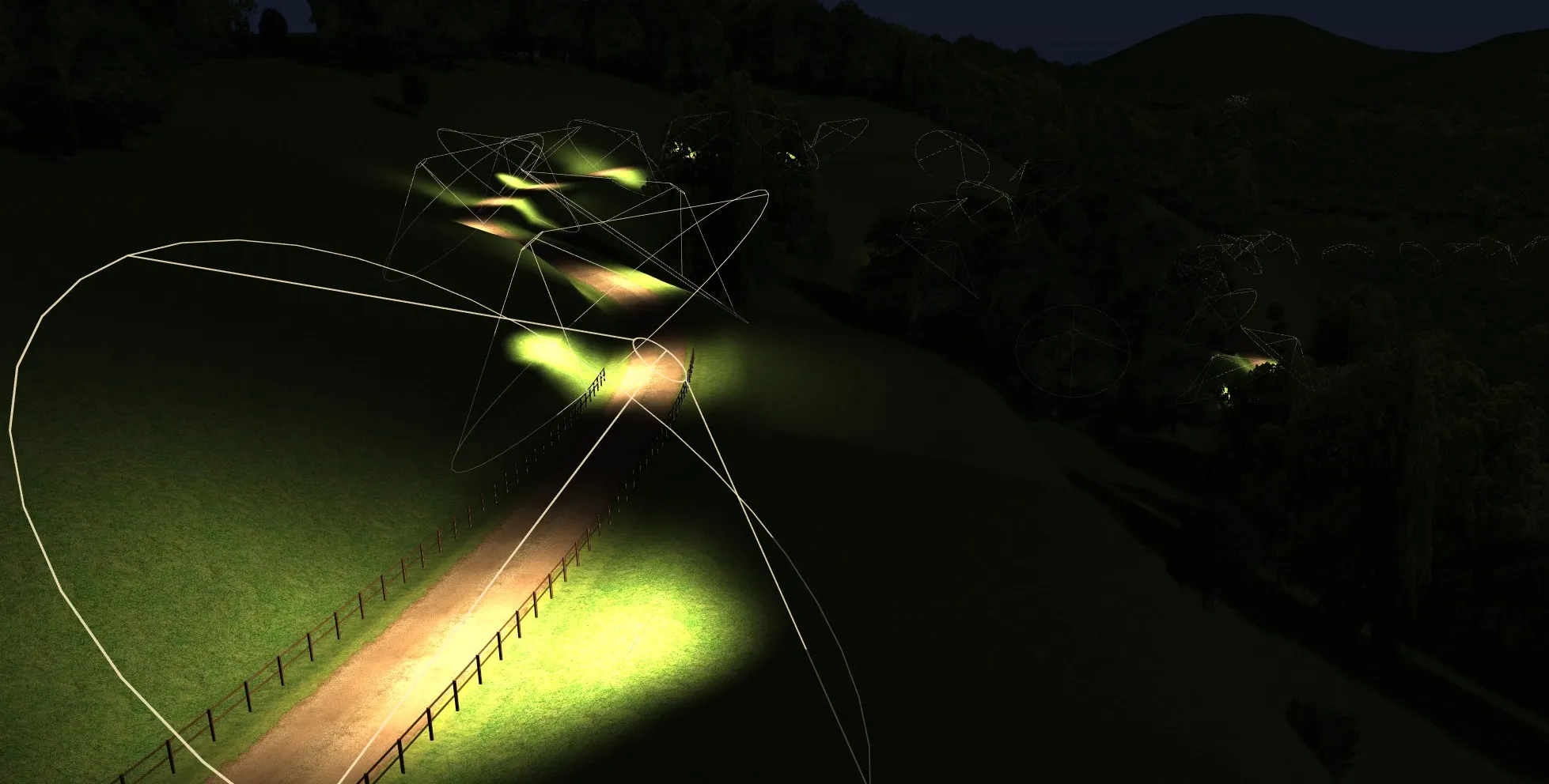 Spotlights lighting a dirt road at night, with each light’s cone outlined